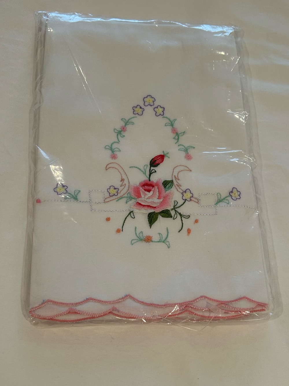 Vintage - Embroidered Floral Pillow Cases Pair - Pink Rose Accent (new)
